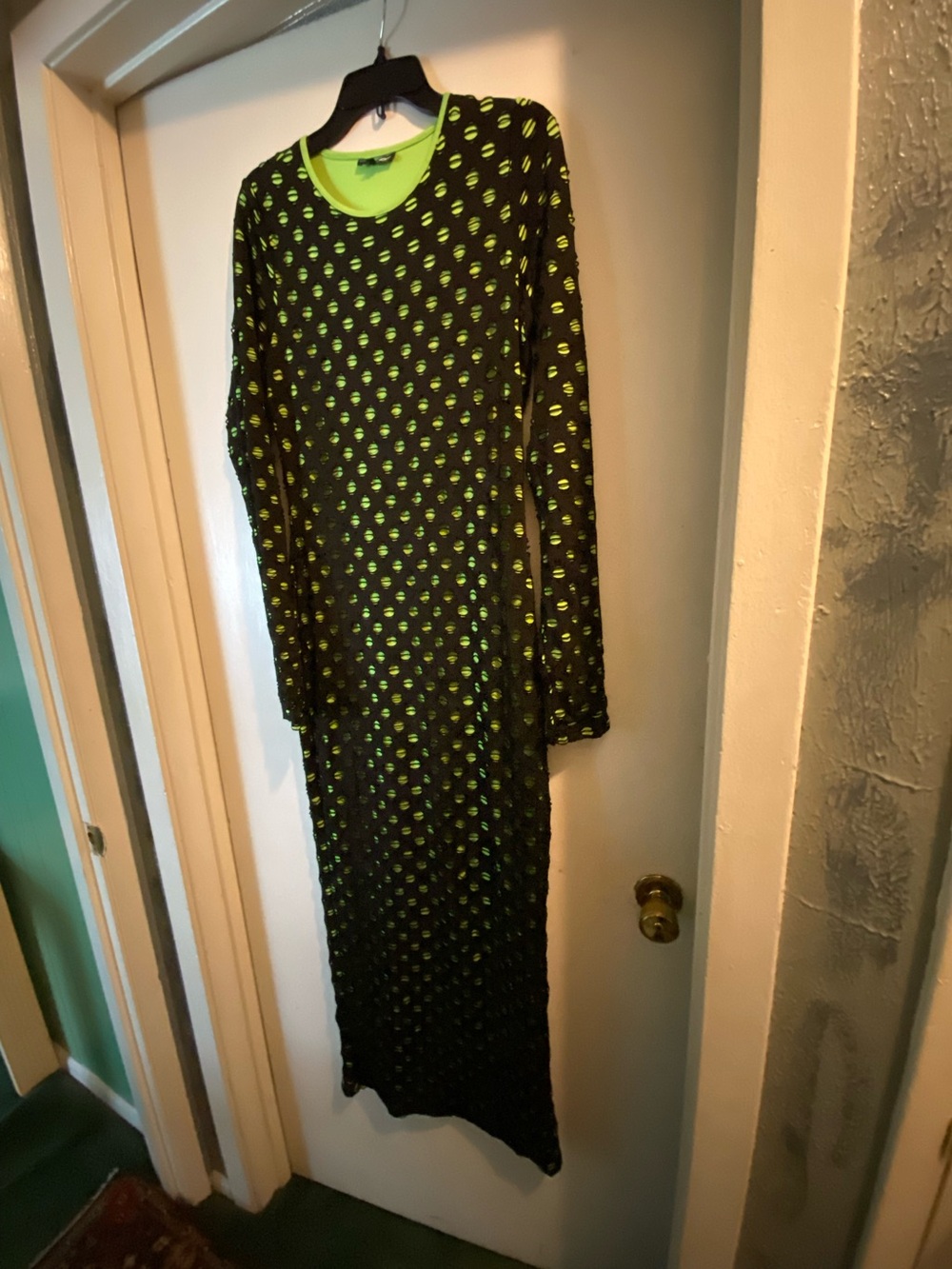 Fashion Nova Long Sleeve Black Dress with Neon Green Dots